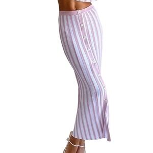 Aritiza Babaton 1-01 Striped Knit Maxi Skirt Button Front Pink White Stripe  L